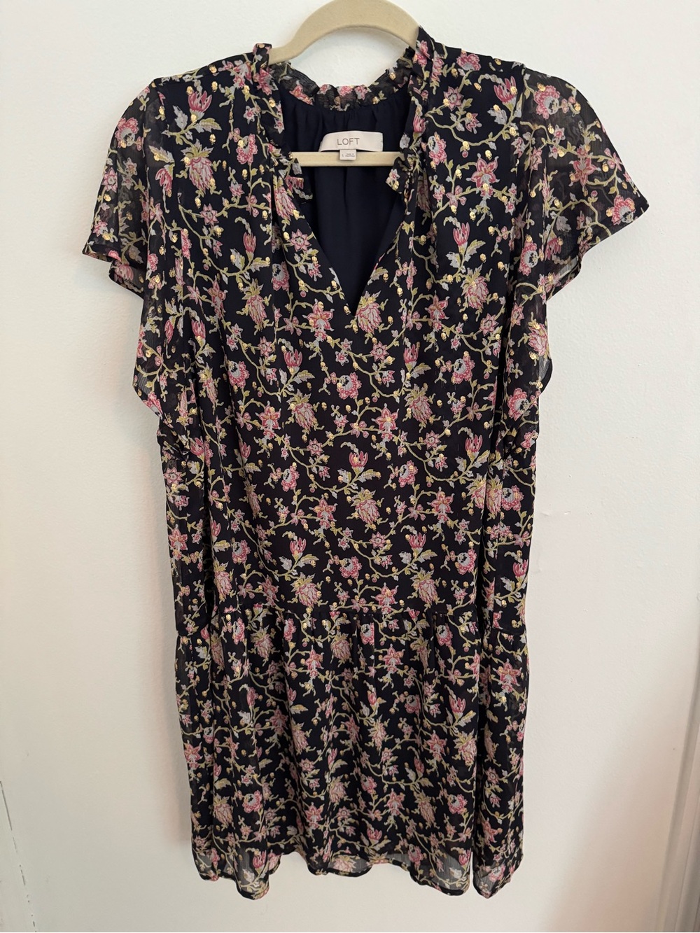 LOFT Black Floral V-Neck Mini Dress - Pink & Green Print